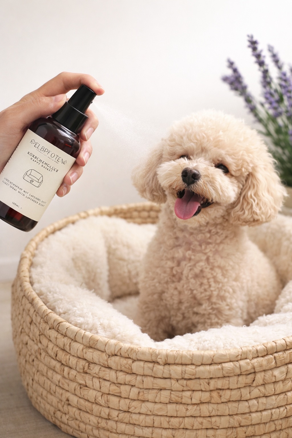 Elbpfoten Körbchenspray im Einsatz, Zwergpudel ist glücklich