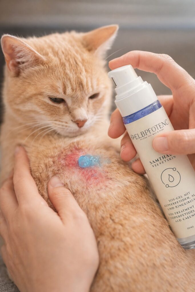 Katze wird mit Samtgel gepflegt